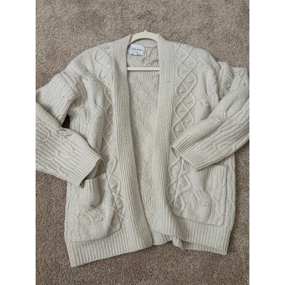 Pink Rose Cream Thick Knit Cardigan - Size Small